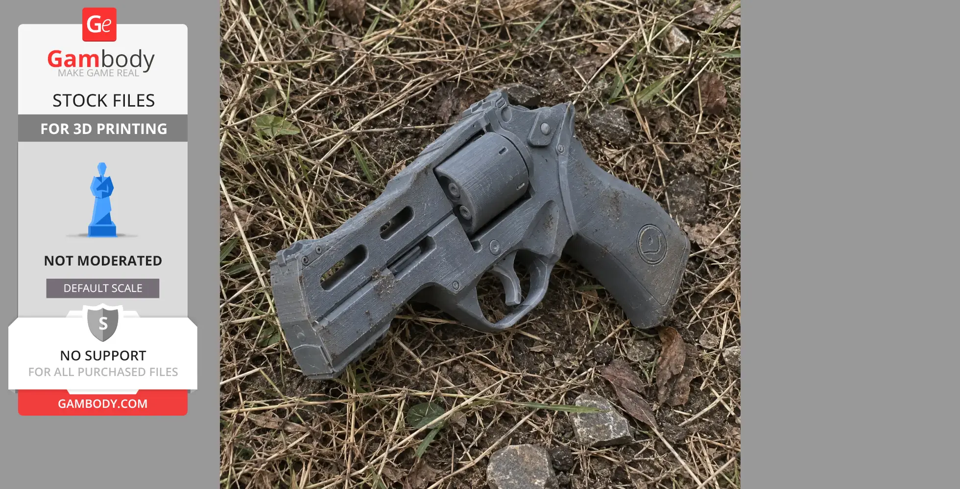 3D-printed Chiappa Rhino revolver prop on grass.