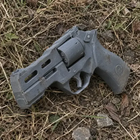 Gray 3D-printed Chiappa Rhino revolver prop resting on grass.