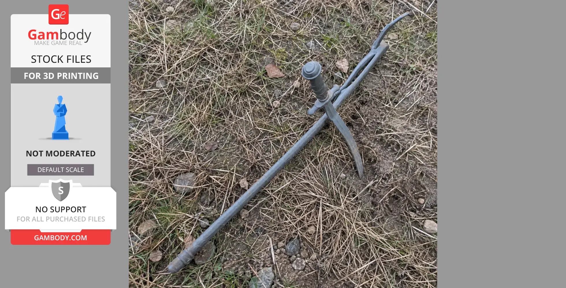 A gray 3D-printed sword prop from Bloodborne, lying on dry grass and dirt.