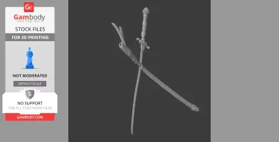 Detailed 3D model of a sword with intricate hilt and blade design, viewed from the side.