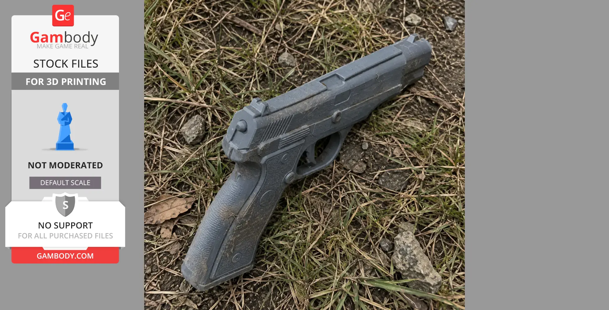 A 3D-printed gray handgun prop lying on grass and soil, showcasing detailed textures.