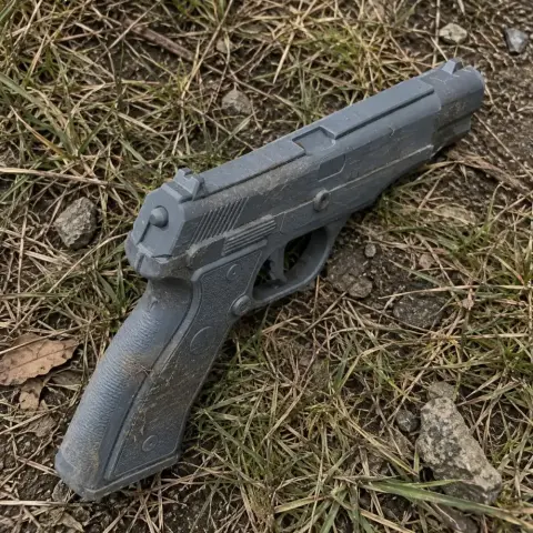 A 3D-printed grey prop gun on grass, with realistic details for cosplay.