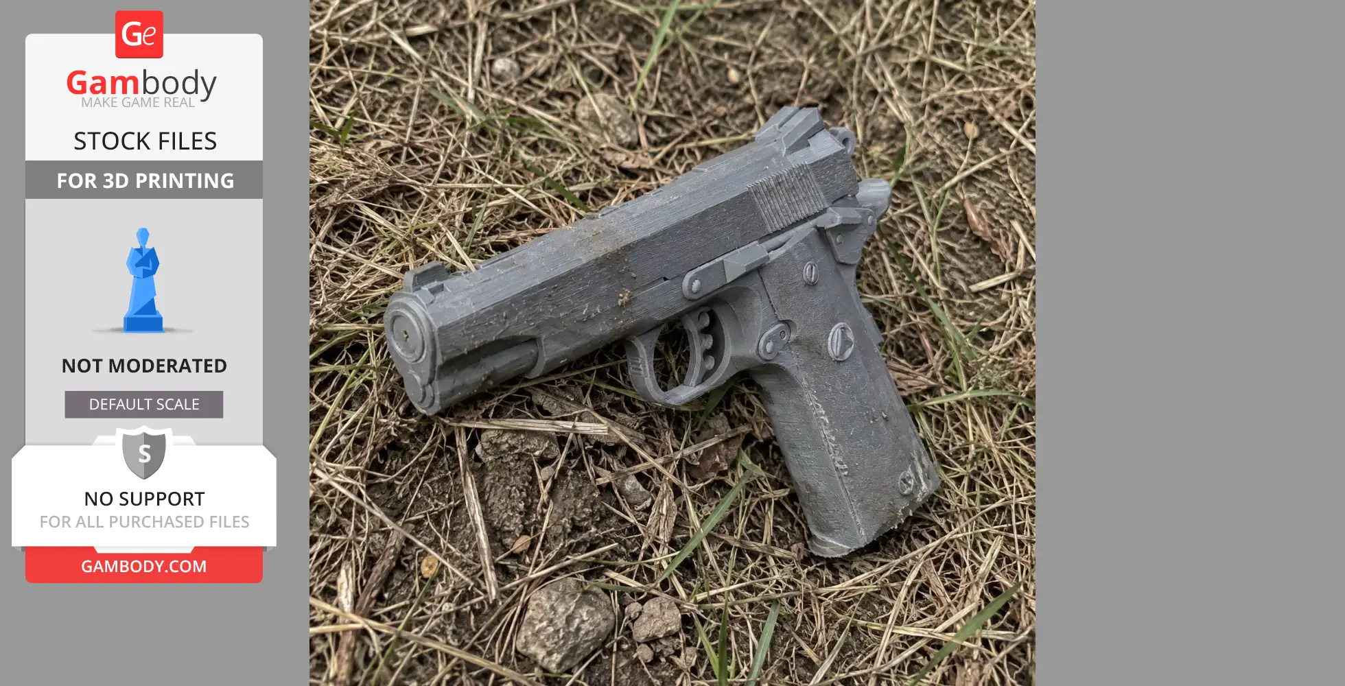A 3D-printed Colt Delta Elite cosplay prop pistol resting on grass.