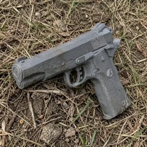 A detailed, 3D-printed gray replica of a Colt Delta Elite pistol on grass.