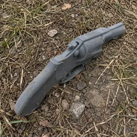 3D-printed Colt Detective Special prop, gray, on a ground covered with grass and stones.