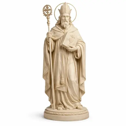 A detailed statue of Saint Augustine holding a staff and book, wearing a robe and mitre.