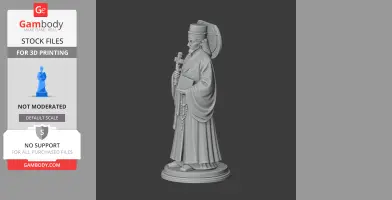 A detailed 3D model of a robed figure holding a cross and book, standing on a round base.