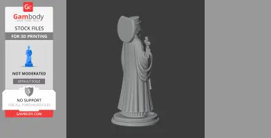 A 3D model of a robed figure holding a cross, wearing a large circular hat, viewed from the side.