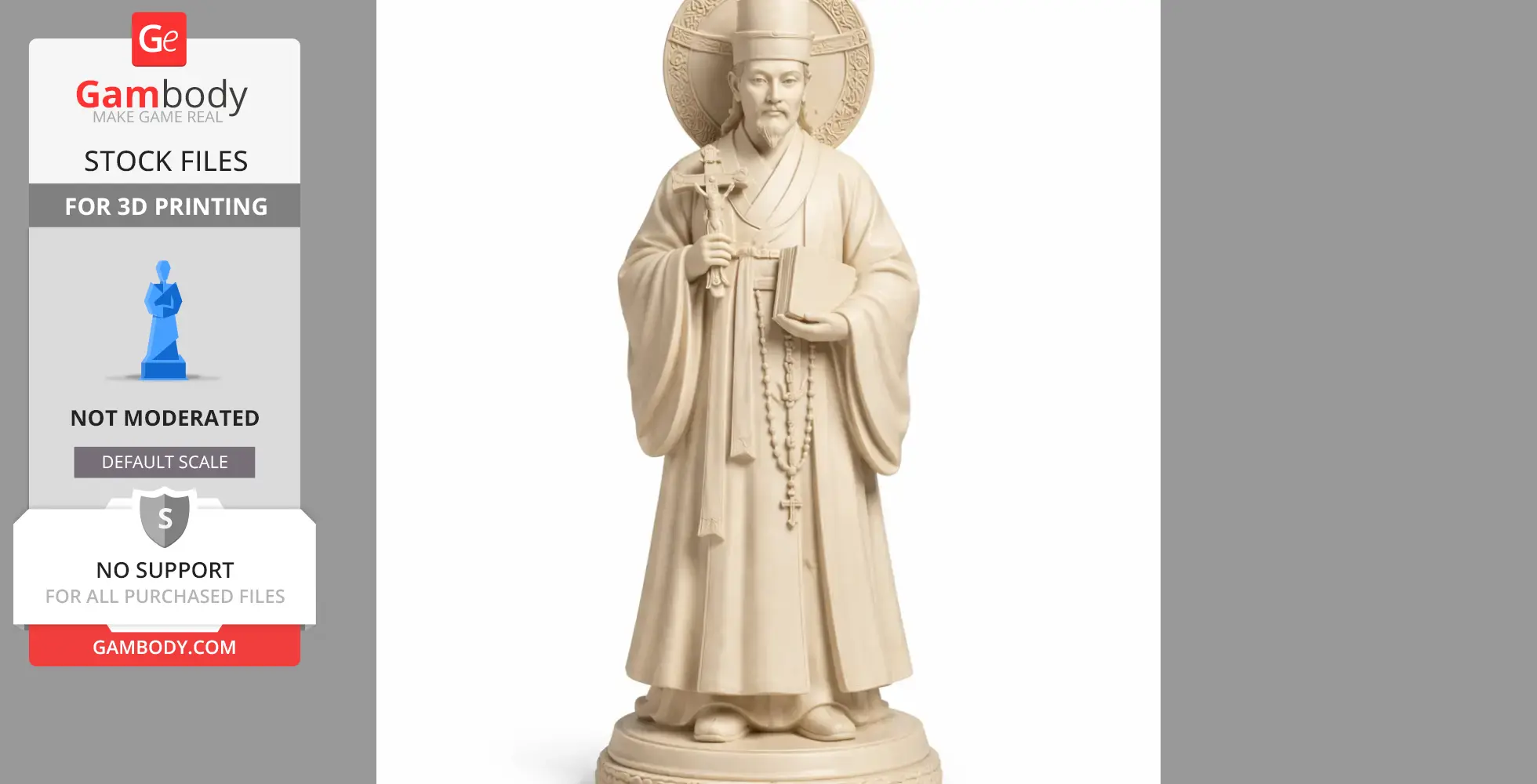 A 3D print model of a devotional figure in robes, holding a cross and book, with a halo behind.