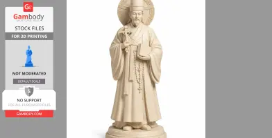 A 3D print model of a devotional figure in robes, holding a cross and book, with a halo behind.