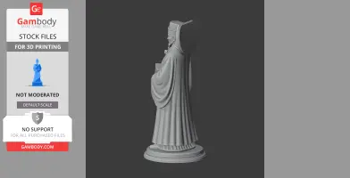 A 3D model of a robed figure holding a book, standing on a decorative base.
