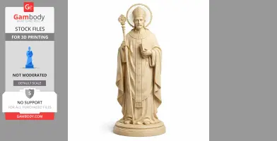 A 3D model of a saintly figure with a halo, staff, and robe, standing on a round base.