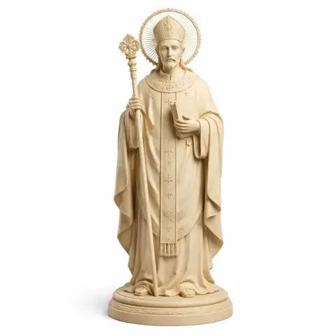 A 3D-printable statue of a robed saint holding a staff and book, with a halo, on a circular base.