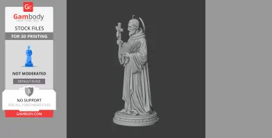A detailed statue of a robed figure holding a cross and book, standing on an ornate circular base.