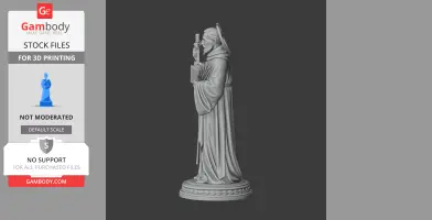 A detailed 3D statue of a robed figure holding a cross and book, standing on a decorative base.