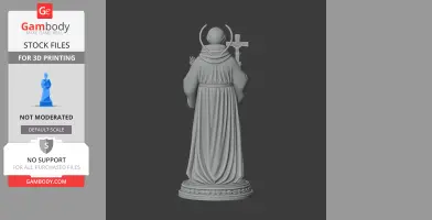 A statue of a robed figure with a halo and cross, viewed from the back on a decorative base.
