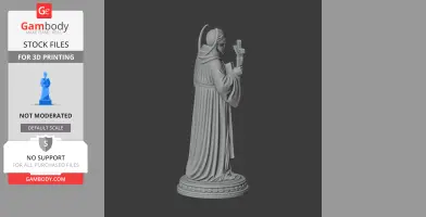 A detailed 3D model of a devotional statue holding a cross, draped in robes, on a decorative base.