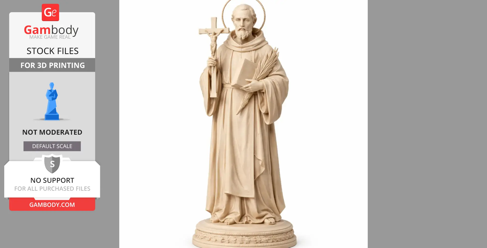 A statue of a robed figure holding a cross and book, with a halo, standing on a decorative base.