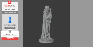 A detailed statue of a robed figure holding a cross and book, standing on an ornate circular base.