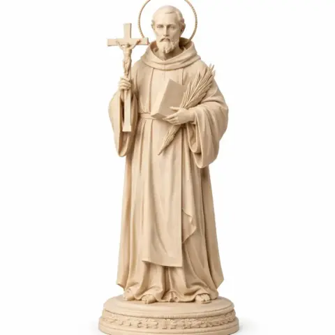 A devotional statue of a robed Saint holding a crucifix and palm leaves, with a halo behind his head.