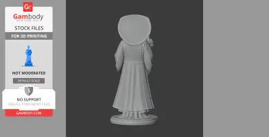 A 3D model of a cloaked figure with a hood, standing on a circular base, facing away.