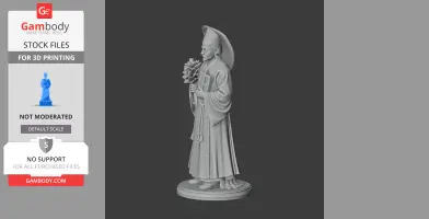 A 3D model of a standing figure in traditional attire holding flowers, wearing a large hat, on a circular base.