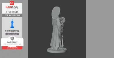 A 3D print model of a robed figure holding flowers, viewed from the side, standing on a round base.