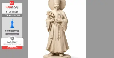 A detailed 3D model of Saint Augustine Yi Kwanghon holding a cross and flowers, in traditional attire.