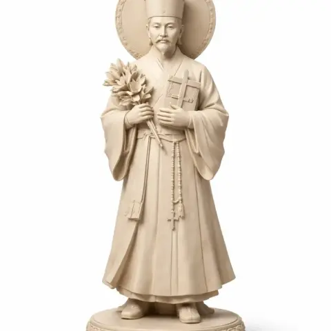 A 3D model of Saint Augustine Yi Kwanghon, standing with a halo, holding a cross and flowers.