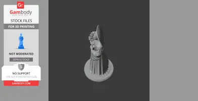 A 3D model of a robed figure holding a cross, standing on a round base with a halo behind its head.