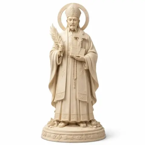 A detailed 3D model of a saint in robes holding a palm and book, with a halo and ornate base.