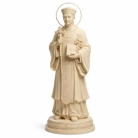 A 3D-printable statue of Saint Augustine Zhao Rong holding a cross and book, with a halo and detailed robes.