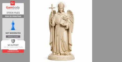 Winged angelic statue holding a cross and a book with flowers, standing on a decorative base.
