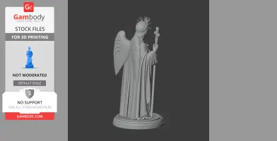 A winged statue of a saint with a halo, holding a staff, wearing a robe.