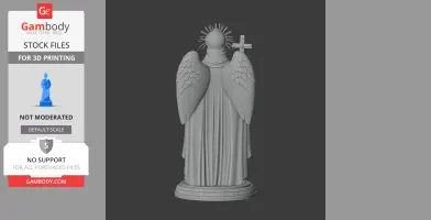 A robe-clad angelic figure with wings and a sunburst halo holds a cross, designed for 3D printing.