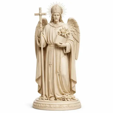 Angelic statue holding a staff and book, adorned with wings and halo, standing elegantly on a round base.
