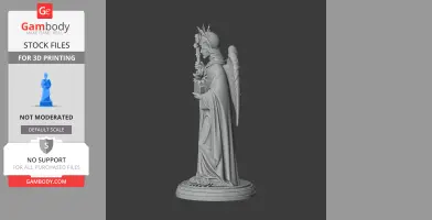 Elegant 3D model of an angelic figure holding a cross and gift, wearing a crown and robe, with detailed wings.