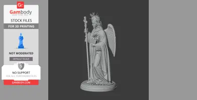 Statue of a winged saint holding a staff and book, on a decorative base.