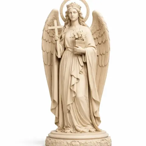 Angelic statue holding a cross and bouquet, with detailed wings and flowing robes.