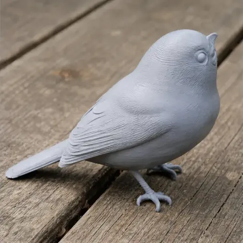 A 3D-printed model of a small bird with detailed feather texture, perched on a wooden surface.