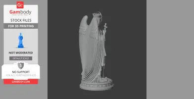 Statue of Saint Aurea with wings and crown, holding a cross, on a detailed base.