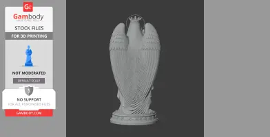 Statue with large wings, detailed robes, and a crown on top, on a decorative base.