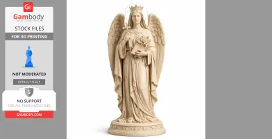 A winged statue of Saint Aurea holding a cross and flowers, adorned with a crown and robes.