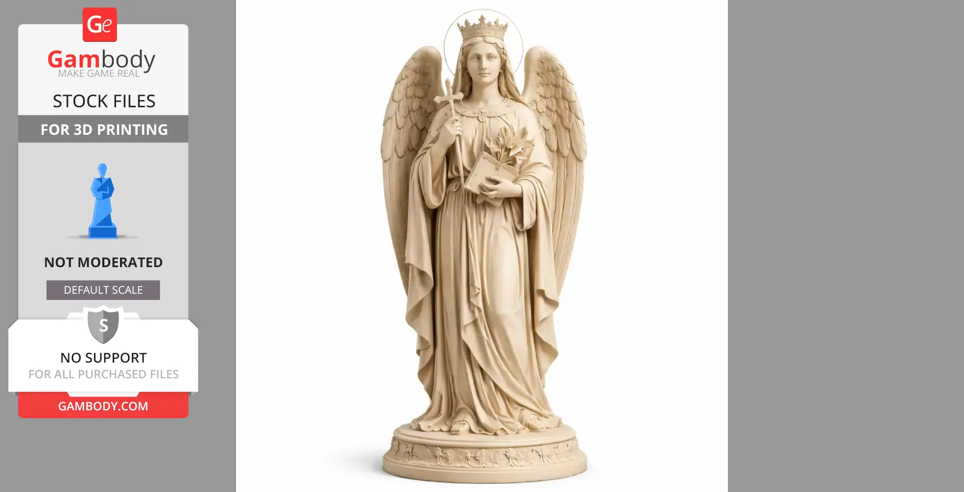 A winged statue of Saint Aurea holding a cross and flowers, adorned with a crown and robes.