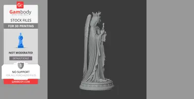3D model of a robed figure with a crown and wings, holding a staff, standing on a decorative base.