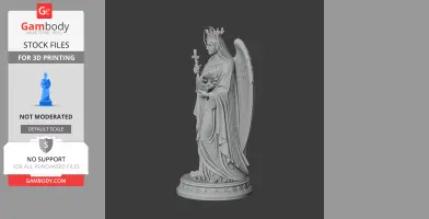 Statue of winged figure with crown and cross, holding flowers, draped in flowing robes on a decorative base.