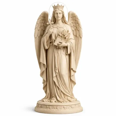 Statue of a winged figure with a halo, holding a staff and book, wearing robes and a crown.