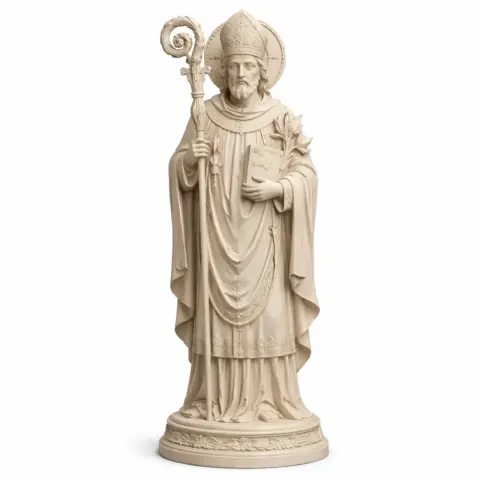 A detailed 3D print model of a saintly bishop holding a staff and book, wearing robes and a mitre.