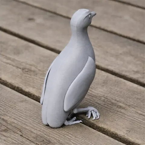A 3D printed model of a barred buttonquail, standing on a wooden surface.