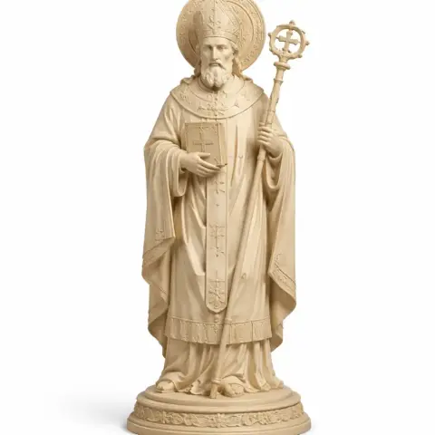 A robed religious figure holding a staff, standing on a decorated base, wearing ornate headgear.